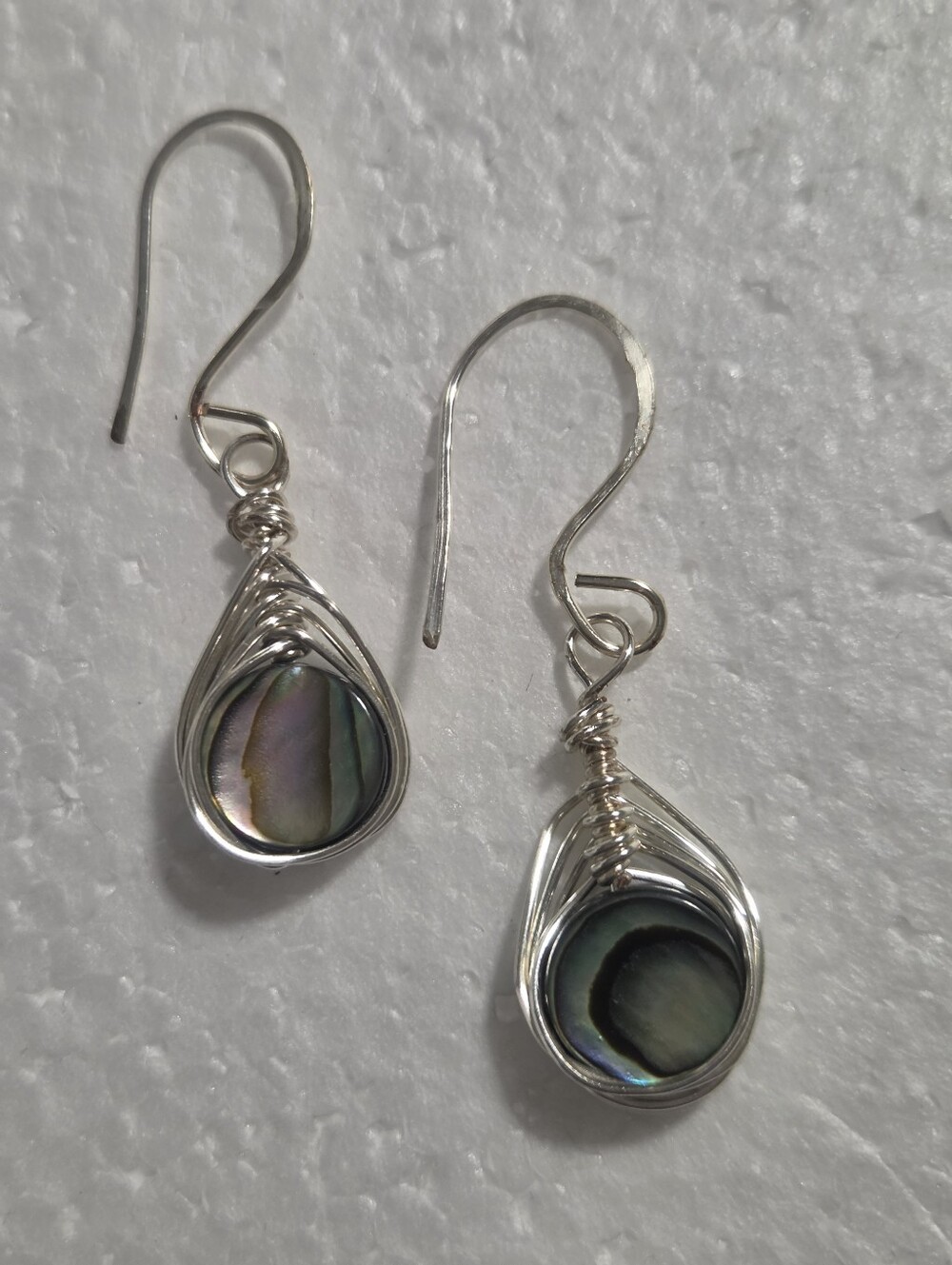 Handcrafted Silver Wire-Wrapped Abalone Teardrop Earrings - Iridescent Shell